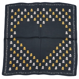 Silk touch black square scarf with heart shapped white and mustard little bears