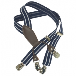 Blue with double white stripes unisex kid suspenders with brown synthetic leather