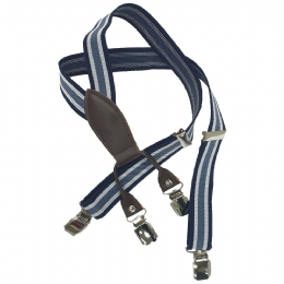 Blue with grey and white stripes unisex kid suspenders with brown synthetic leather