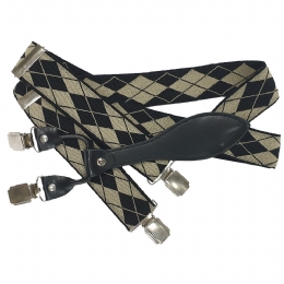 Beige suspenders with black rhombus, double back clips and synthetic leather 