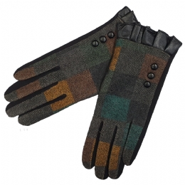 Elastic gloves with petrol, mustard and brown checkered design and flabby cuffs