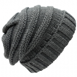 Plain colour grey knitted unisex beanie with striped design