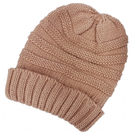 Plain colour pink knitted unisex beanie with striped design