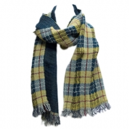 Italian woolen unisex double face scarf wiτh plain colour petrol and checkered side 
