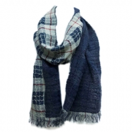 Italian woolen unisex double face scarf wiτh plain colour blue and checkered side 