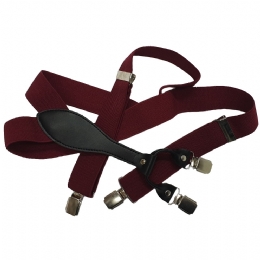 Plain colour burgundy suspenders with double back clips and synthetic leather