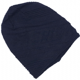 Plain colour blue knitted unisex beanie with linear design and fluffy lining