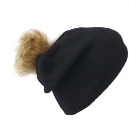 Plain colour black unisex long beanie with wool and large tuft