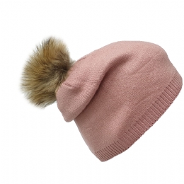 Plain colour pink unisex long beanie with wool and large tuft