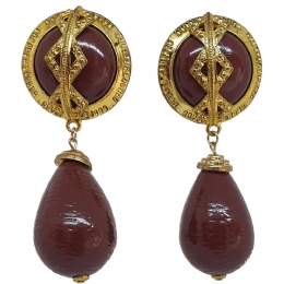 Golden clip earrings Gladiator with brown oval hanging stone
