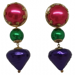 Long vintage clip earrings with green, purple and red pearls