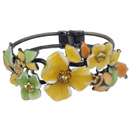 Yellow, green and salmon Blooming flower enamel bracelet with strass