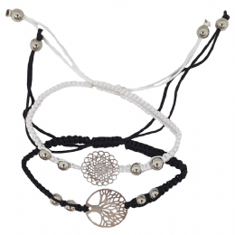 Black and white bracelet macrame set with carved flower and tree
