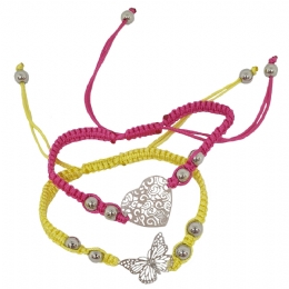 Fuchsia and yellow bracelet macrame set with carved heart and butterfly