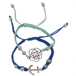 Light blue and indigo blue bracelet macrame set with carved anchor and rose