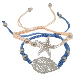 Light blue and salmon bracelet macrame set with carved leaf and starfish