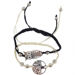 Black and off-white bracelet macrame set with carved owl and the Tree of Life