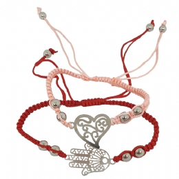 Pink and red bracelet macrame set with carved heart and Hamsa