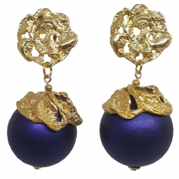 Golden vintage clip earrings with purple hanging pearl 
