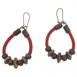 Red rubber earrings with silver beads