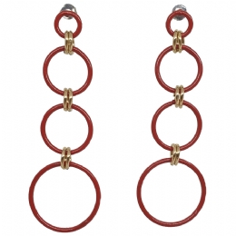 Red long metal earrings with asymmetrical hoops and gold details
