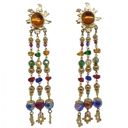 Very long gold Vintage clip earrings with multicoloured iridescent beads