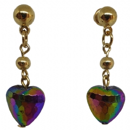 Small gold earrings with multicoloyred iridescent heart