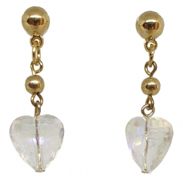 Small gold earrings with transparent iridescent heart