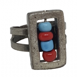 Antique silver rectangular ring with burgundy and light blue beads