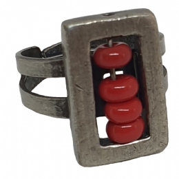 Antique silver rectangular ring with burgundy beads