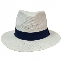 White Panama style hat with blue ribbon