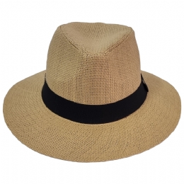 Natural beige Panama style hat with black ribbon and hard molding
