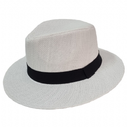 White Panama style hat with black ribbon and hard molding