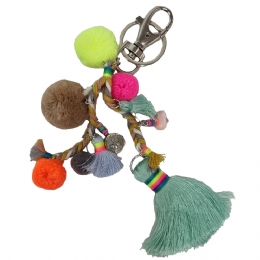 Keychain and bag accessory with pom poms, multicolored fluo tassels and charms