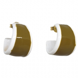 Small white ceramic hoops earrings witn olive enamel
