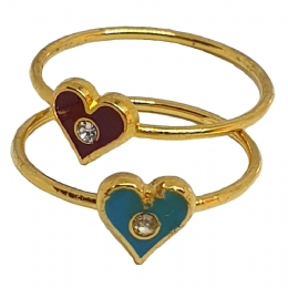 Set of gold rings with light blue and burgundy heart with  white strass