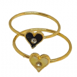 Set of gold rings with blue and off white heart with  white strass