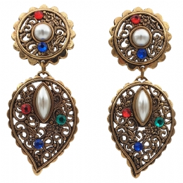 Long antique gold carved Vintage clip earrings with colored stones and white pearls