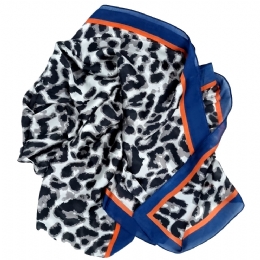 Silk grey and blue animal print stole- scarf with rust stripe