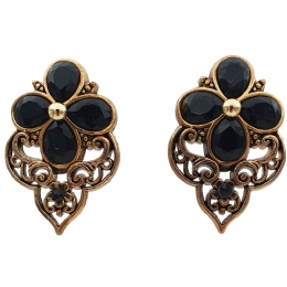 Antique gold carved vintage clip earrings with black flower Jasmine