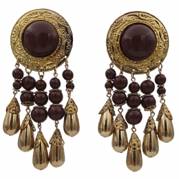 Long gold clip earrings with chocolate beads