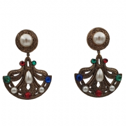 Long antique gold clip earrings with multicolored beads and white pearls