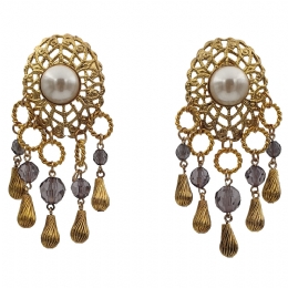 Long gold clip earrings with white pearl, lilac beads and gold charms