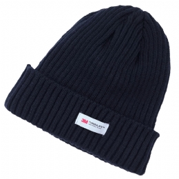 Plain colour blue knitted unisex beanie with thinsulate lining and striped design