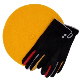 Mustard woolen beret and black elastic gloves made of soft fabric with colored details and fluffy lining