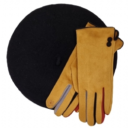 Black woolen beret and mustard elastic gloves made of soft fabric with colored details and fluffy lining
