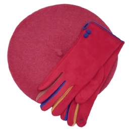 Rose pink woolen beret and elastic gloves made of soft fabric with colored details and fluffy lining