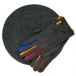 Charcoal woolen beret and elastic gloves made of soft fabric with colored details and fluffy lining