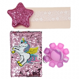 Gift box with Unicorn notebook, sparkling star headband and pink pop it