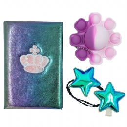 Gift box with opalescent notebook Crown, star hair clip and hairband and pink pop it